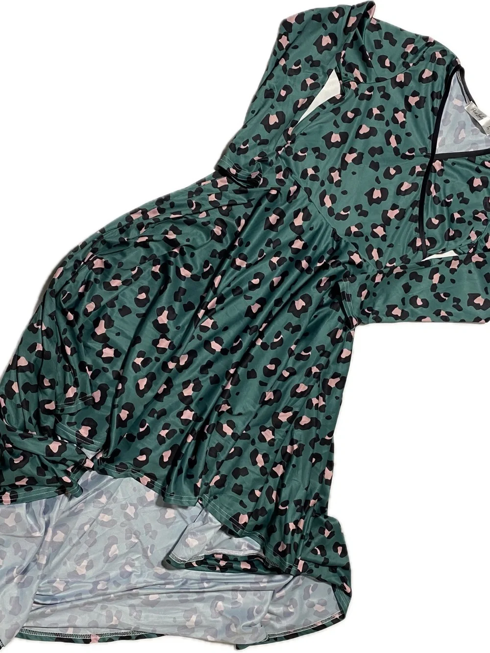 Women’s Green High-Low Dress with Pink & Black Leopard Print